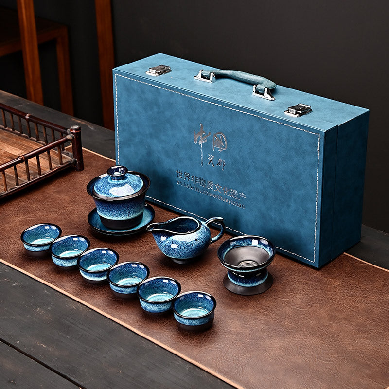 Chinese Kiln-Changed Glaze Brushed Kung Fu Tea Set - Tianmu Gift Box (Business Gift) 