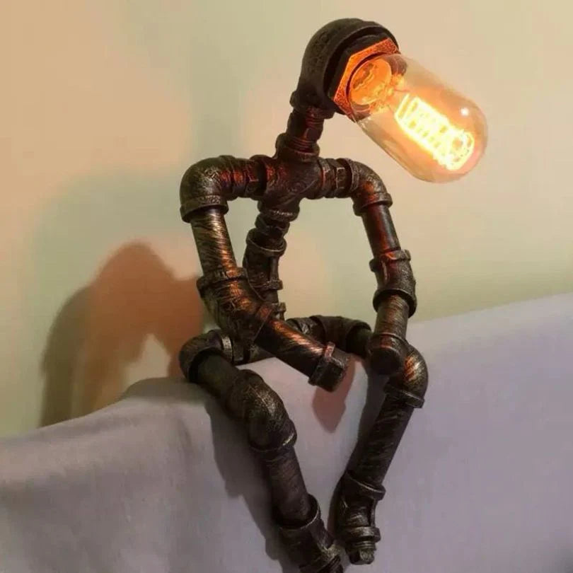 Industrial Retro Pipe Robot Table Lamp – American Style Creative Iron Pipe Lamp for Coffee Shop/Bar/Desk