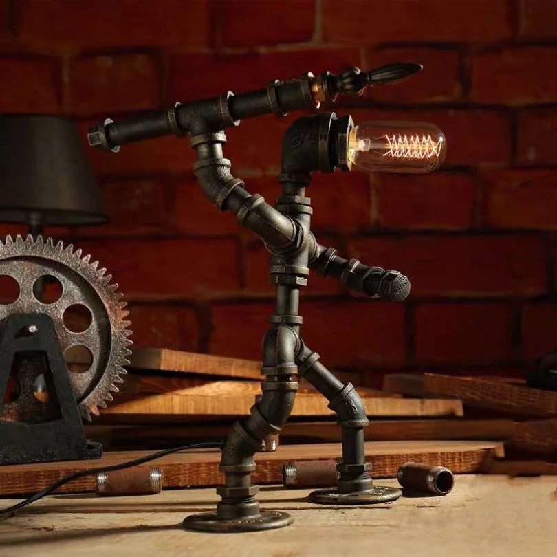 Industrial Retro Pipe Robot Table Lamp – American Style Creative Iron Pipe Lamp for Coffee Shop/Bar/Desk