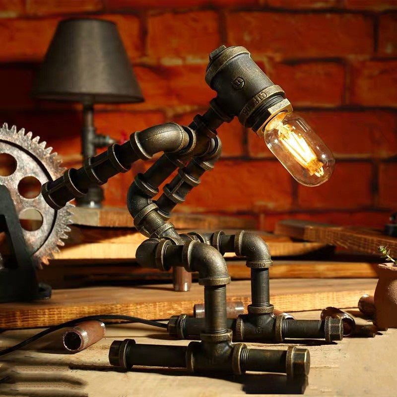 Industrial Retro Pipe Robot Table Lamp – American Style Creative Iron Pipe Lamp for Coffee Shop/Bar/Desk