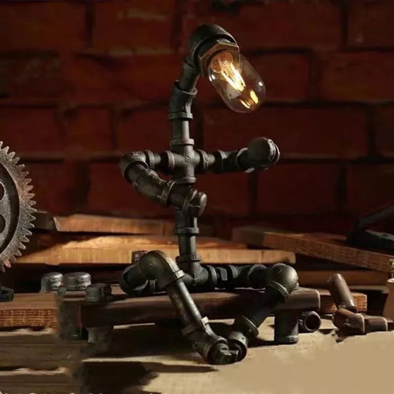 Industrial Retro Pipe Robot Table Lamp – American Style Creative Iron Pipe Lamp for Coffee Shop/Bar/Desk