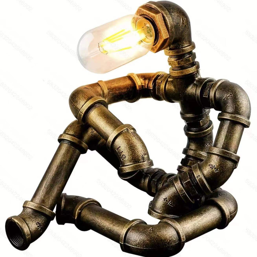 Industrial Retro Pipe Robot Table Lamp – American Style Creative Iron Pipe Lamp for Coffee Shop/Bar/Desk
