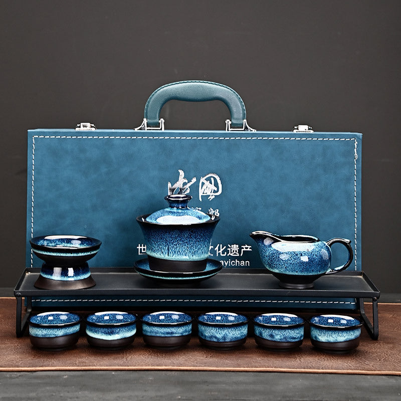 Chinese Kiln-Changed Glaze Brushed Kung Fu Tea Set - Tianmu Gift Box (Business Gift) 