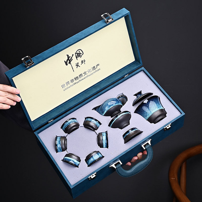 Chinese Kiln-Changed Glaze Brushed Kung Fu Tea Set - Tianmu Gift Box (Business Gift) 