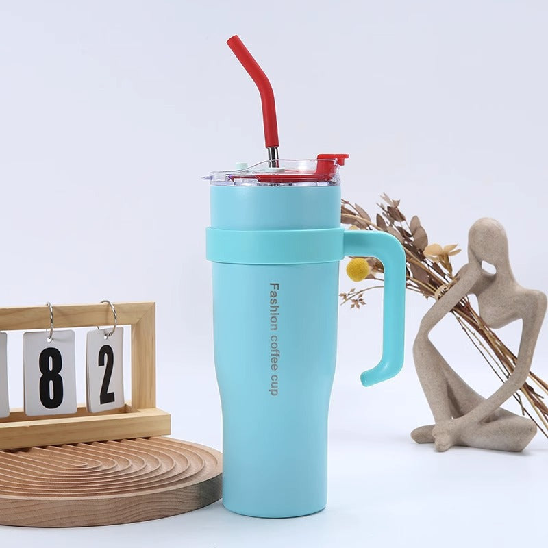 40oz Giant Insulated Car Tumbler for Women – Leakproof Straw Cup, Large Capacity Ice Coffee Mug (Aesthetic Design) 