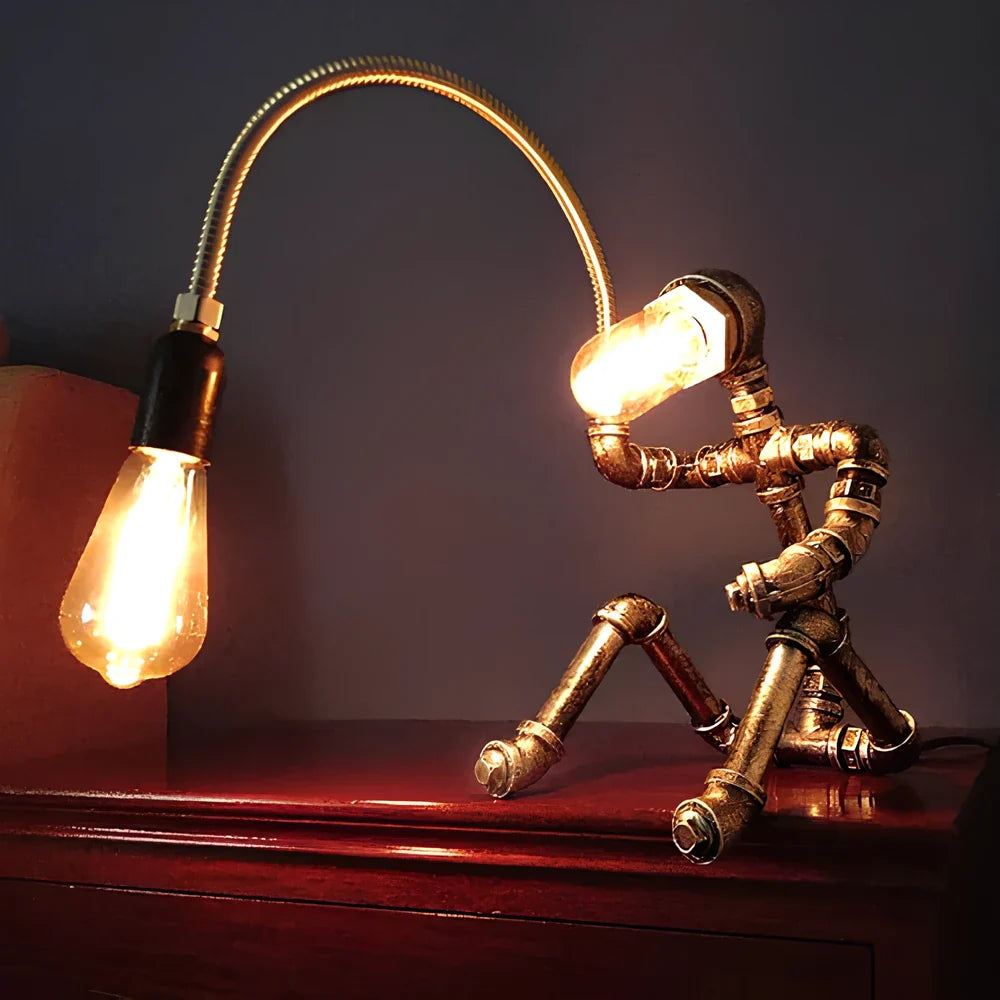 Industrial Retro Pipe Robot Table Lamp – American Style Creative Iron Pipe Lamp for Coffee Shop/Bar/Desk