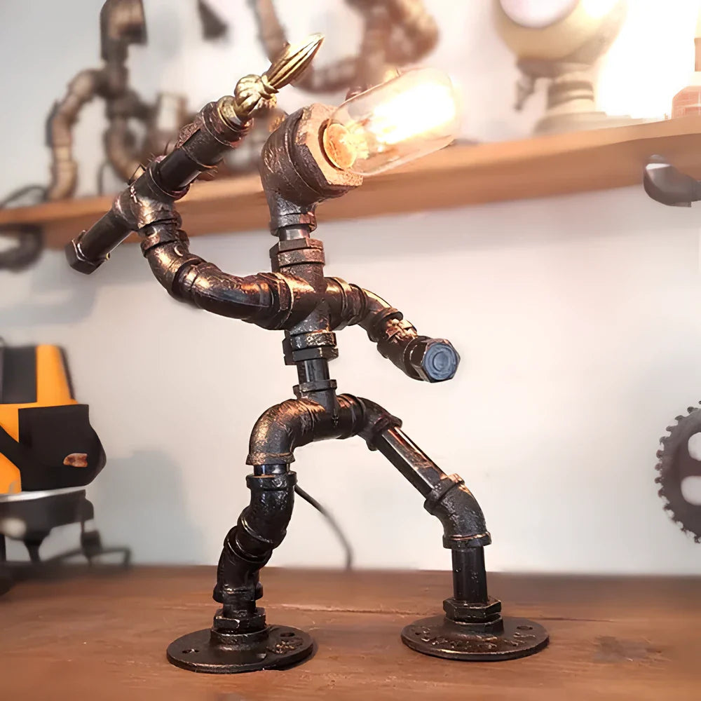 Industrial Retro Pipe Robot Table Lamp – American Style Creative Iron Pipe Lamp for Coffee Shop/Bar/Desk