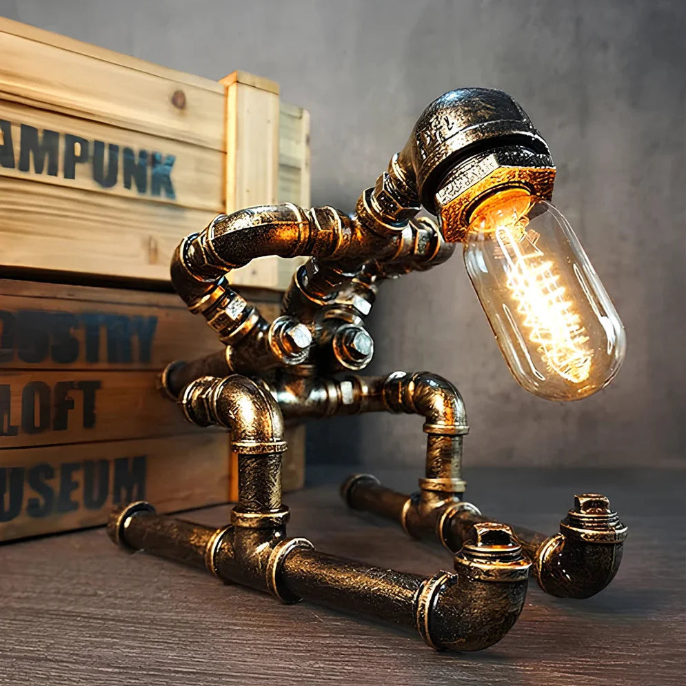 Industrial Retro Pipe Robot Table Lamp – American Style Creative Iron Pipe Lamp for Coffee Shop/Bar/Desk