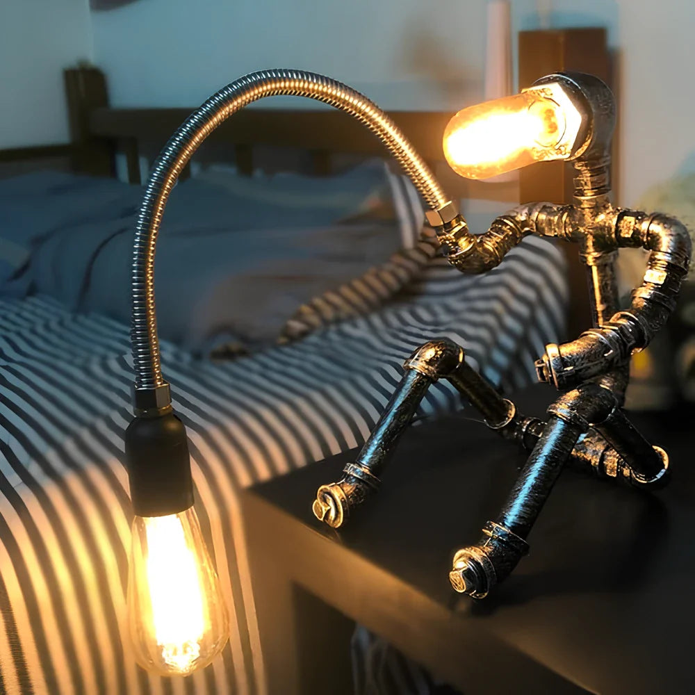 Industrial Retro Pipe Robot Table Lamp – American Style Creative Iron Pipe Lamp for Coffee Shop/Bar/Desk