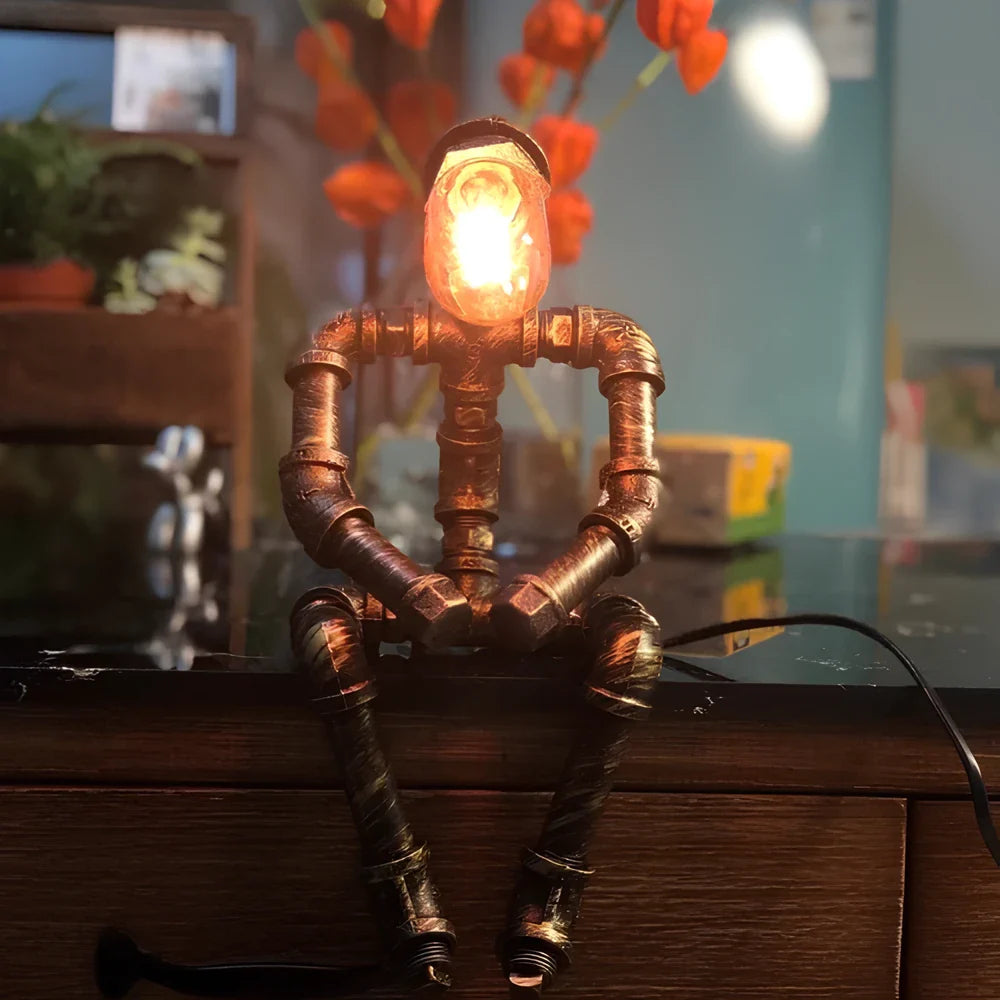Industrial Retro Pipe Robot Table Lamp – American Style Creative Iron Pipe Lamp for Coffee Shop/Bar/Desk