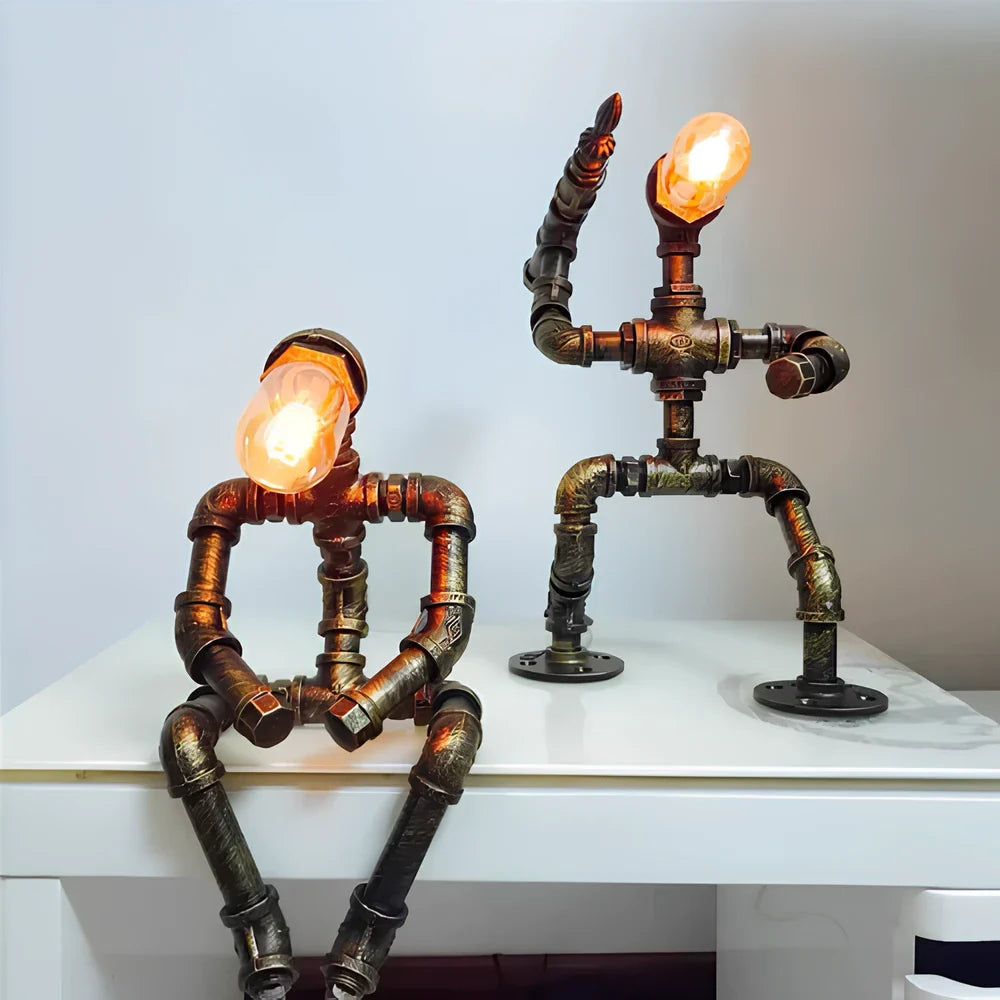 Industrial Retro Pipe Robot Table Lamp – American Style Creative Iron Pipe Lamp for Coffee Shop/Bar/Desk